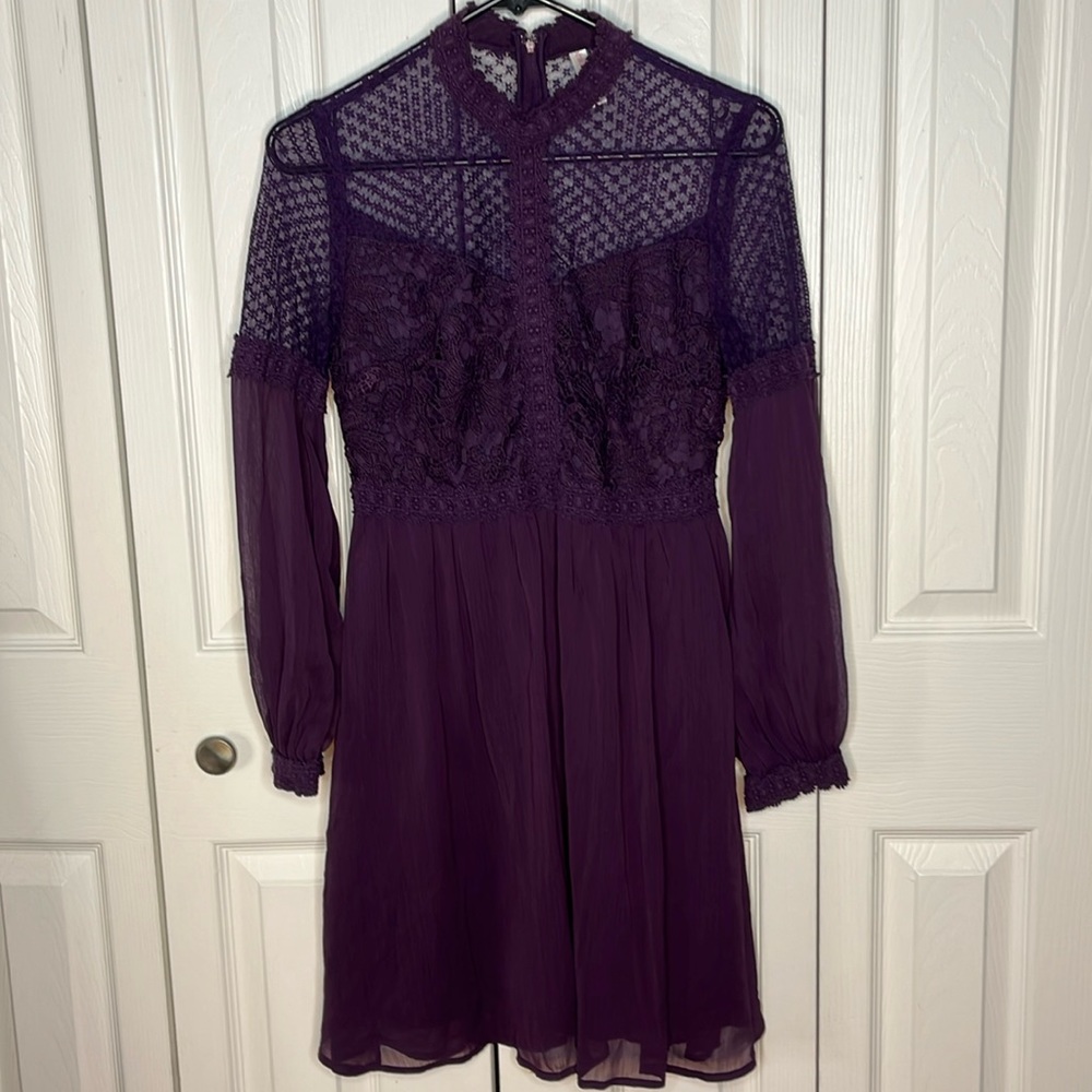 Xhilaration (Target) Purple Mock Neck Lace Bodice Puff Sleeve Dress